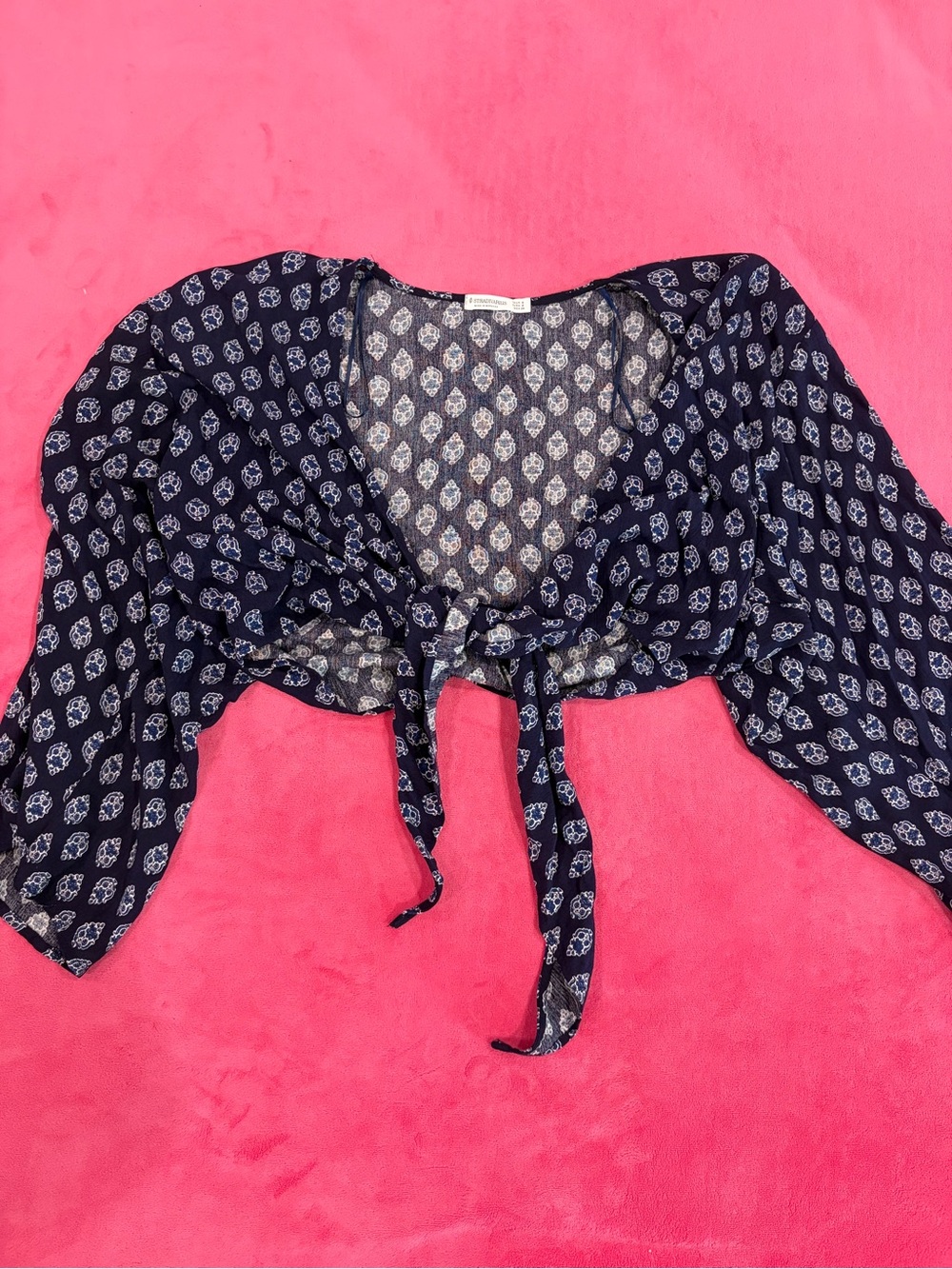 NEW Stradivarius Navy Paisley Tie-Front Crop Top